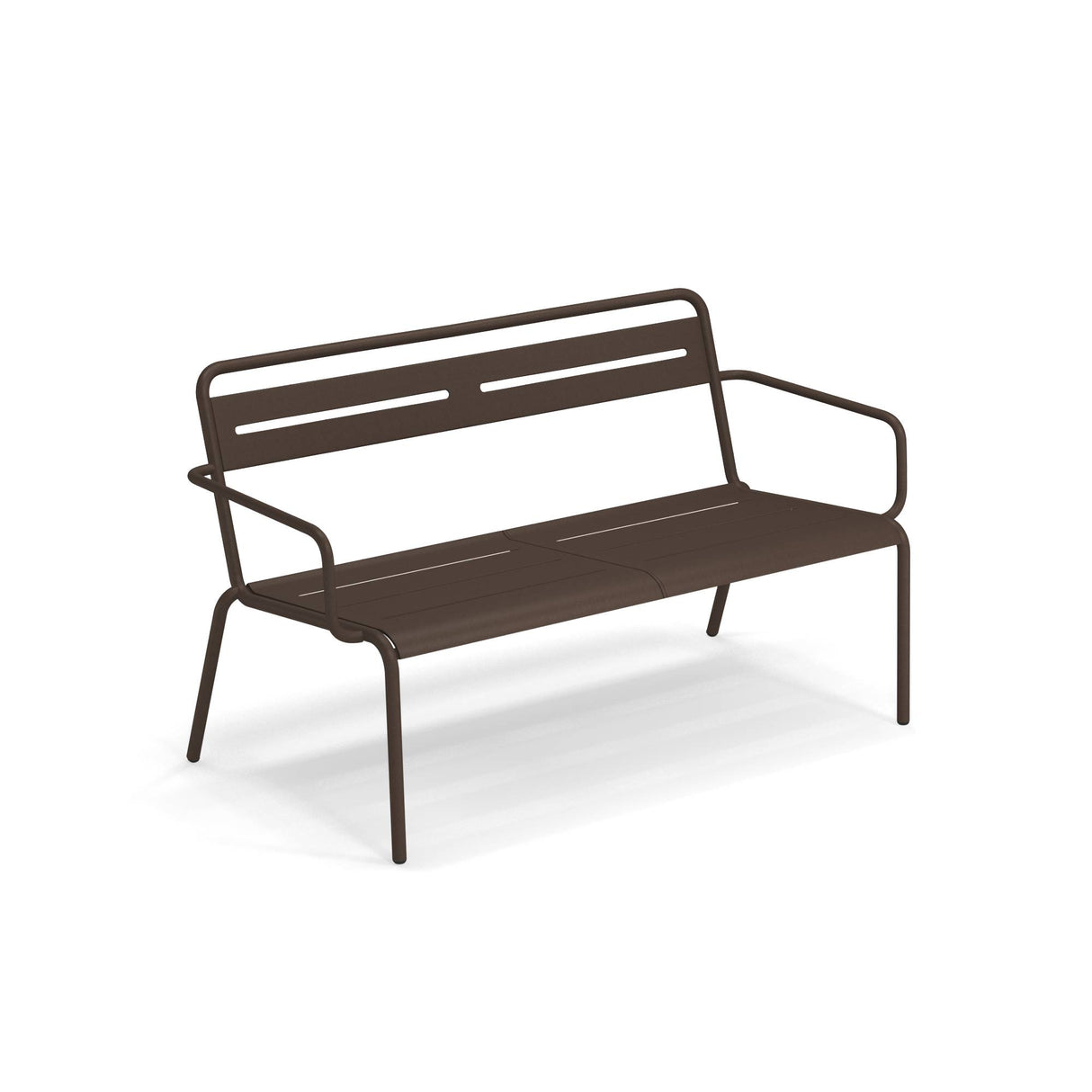 A modern brown steel loveseat with a minimalist design, this outdoor loveseat features a slatted backrest, flat seat, and thin tubular armrests and legs. The Star Lounge Loveseat seats two and is set against a plain white background.