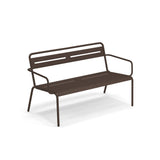 A modern brown steel loveseat with a minimalist design, this outdoor loveseat features a slatted backrest, flat seat, and thin tubular armrests and legs. The Star Lounge Loveseat seats two and is set against a plain white background.