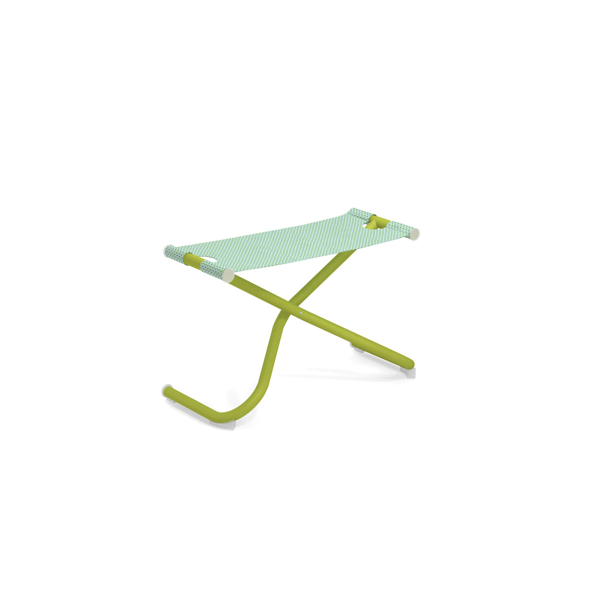 A small, modern Snooze Ottoman folding stool with a green metal frame and a light blue-and-white striped EMU-Tex fabric seat, set against a plain white background. The X-shaped frame and rounded foot caps make it ideal for outdoor/indoor use.