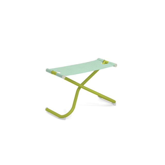 A small, modern Snooze Ottoman folding stool with a green metal frame and a light blue-and-white striped EMU-Tex fabric seat, set against a plain white background. The X-shaped frame and rounded foot caps make it ideal for outdoor/indoor use.