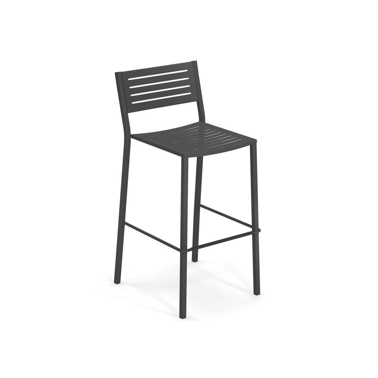 The Segno Stacking Barstool is a modern black steel barstool with a slatted seat and backrest, four straight legs, and a footrest. Its sleek, minimalist design makes it ideal as an outdoor barstool, set against a plain white background.