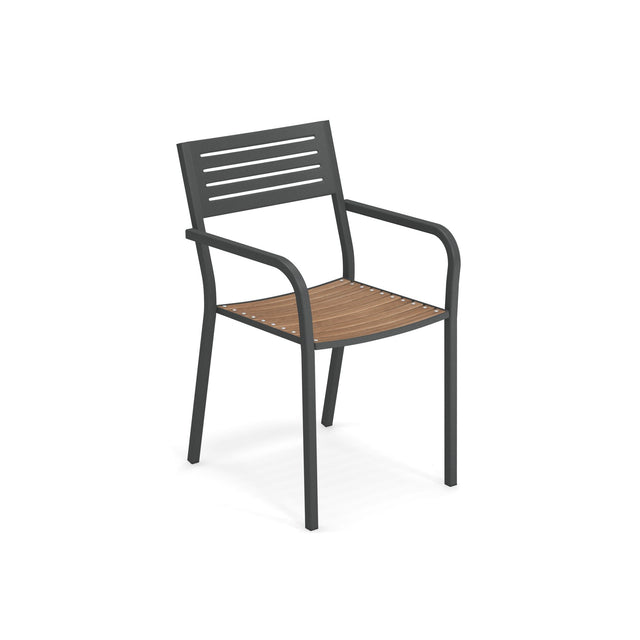 A modern steel slat chair with a black metal frame, flat armrests, and a slatted backrest. The brown wood seat is also slatted. This minimalist, industrial outdoor/indoor chair stands on four straight legs against a white background.