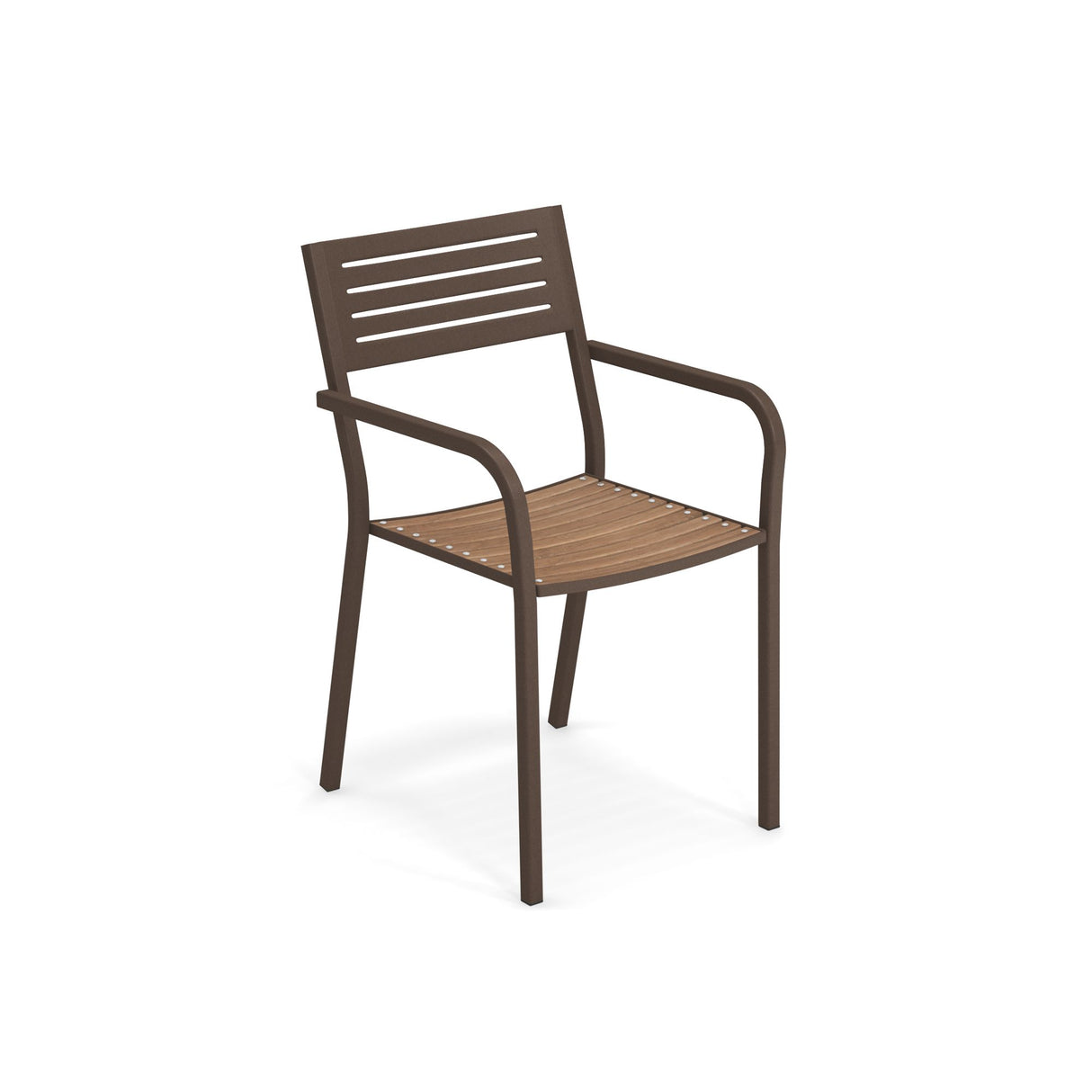 The Segno Stacking Armchair is a modern outdoor/indoor chair with a dark brown e-coated steel frame, a slatted backrest, and a light brown wooden slat seat. It features straight legs and curved armrests, set against a plain white background.