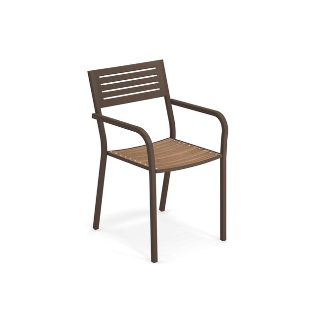 The Segno Stacking Armchair is a modern outdoor/indoor chair with a dark brown e-coated steel frame, a slatted backrest, and a light brown wooden slat seat. It features straight legs and curved armrests, set against a plain white background.