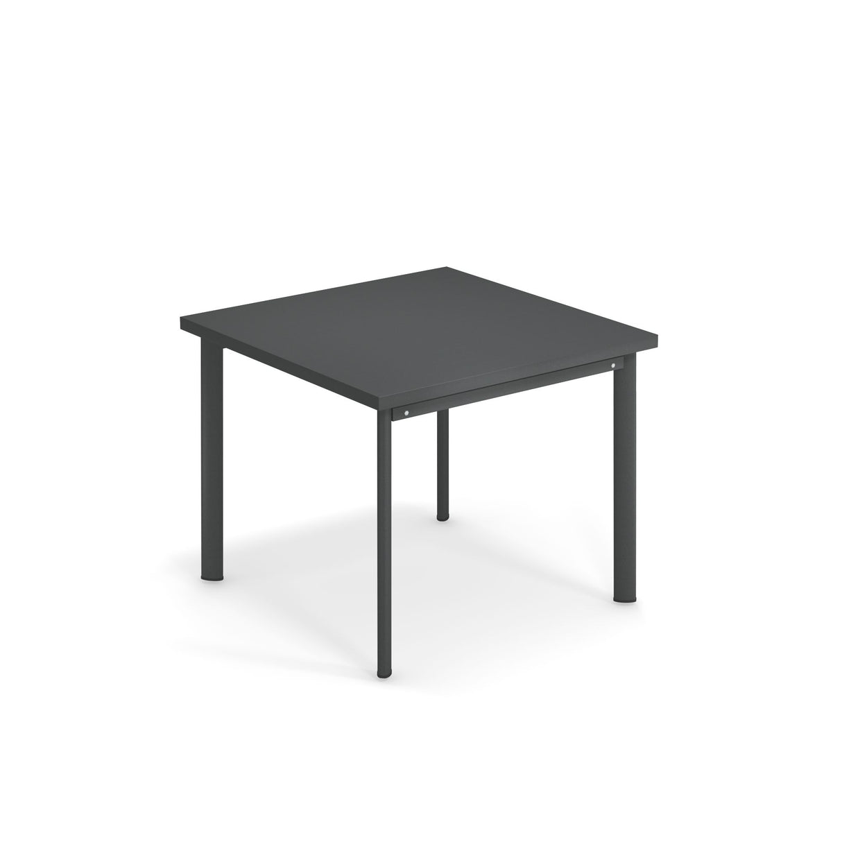 A simple, modern square Star Table with a dark gray tabletop and four straight, matching legs. Ideal as an outdoor table, it casts a light shadow on a plain white background, highlighting its clean, minimalist design.