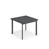 A simple, modern square Star Table with a dark gray tabletop and four straight, matching legs. Ideal as an outdoor table, it casts a light shadow on a plain white background, highlighting its clean, minimalist design.