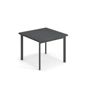 A simple, modern square Star Table with a dark gray tabletop and four straight, matching legs. Ideal as an outdoor table, it casts a light shadow on a plain white background, highlighting its clean, minimalist design.