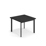 A simple, modern black square Star Table with four straight legs, set against a plain white background. Its clean lines and smooth surface give this outdoor table a minimalist and contemporary appearance.