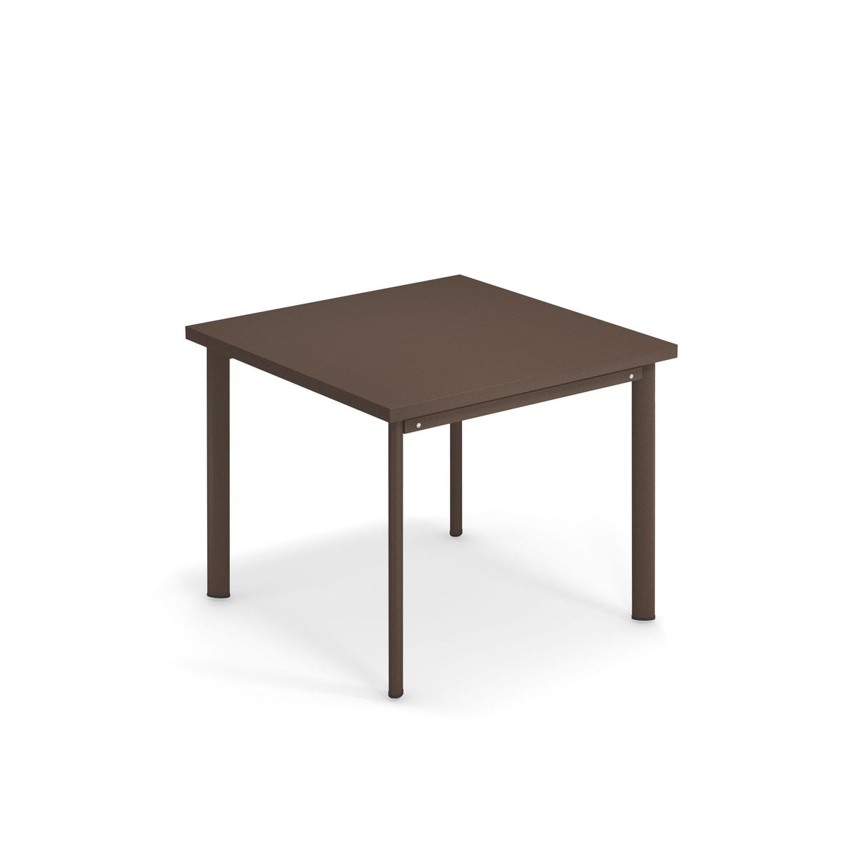 A simple, square, brown outdoor table with four sturdy legs, placed on a white background. The table features a solid steel top with clean lines and no adornments, giving it a minimalist and modern appearance.