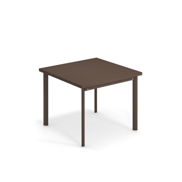 A simple, square, brown outdoor table with four sturdy legs, placed on a white background. The table features a solid steel top with clean lines and no adornments, giving it a minimalist and modern appearance.
