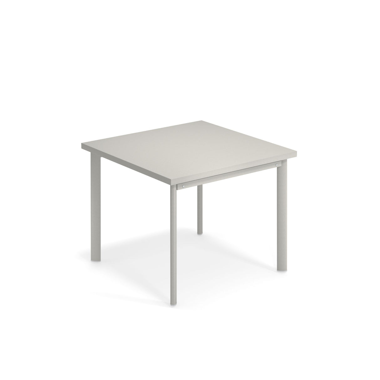 A simple, square, light gray outdoor table with four straight legs, shown against a plain white background. The table has a minimalist design with clean lines and no decorative features.