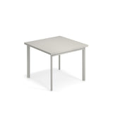 A simple, square, light gray outdoor table with four straight legs, shown against a plain white background. The table has a minimalist design with clean lines and no decorative features.