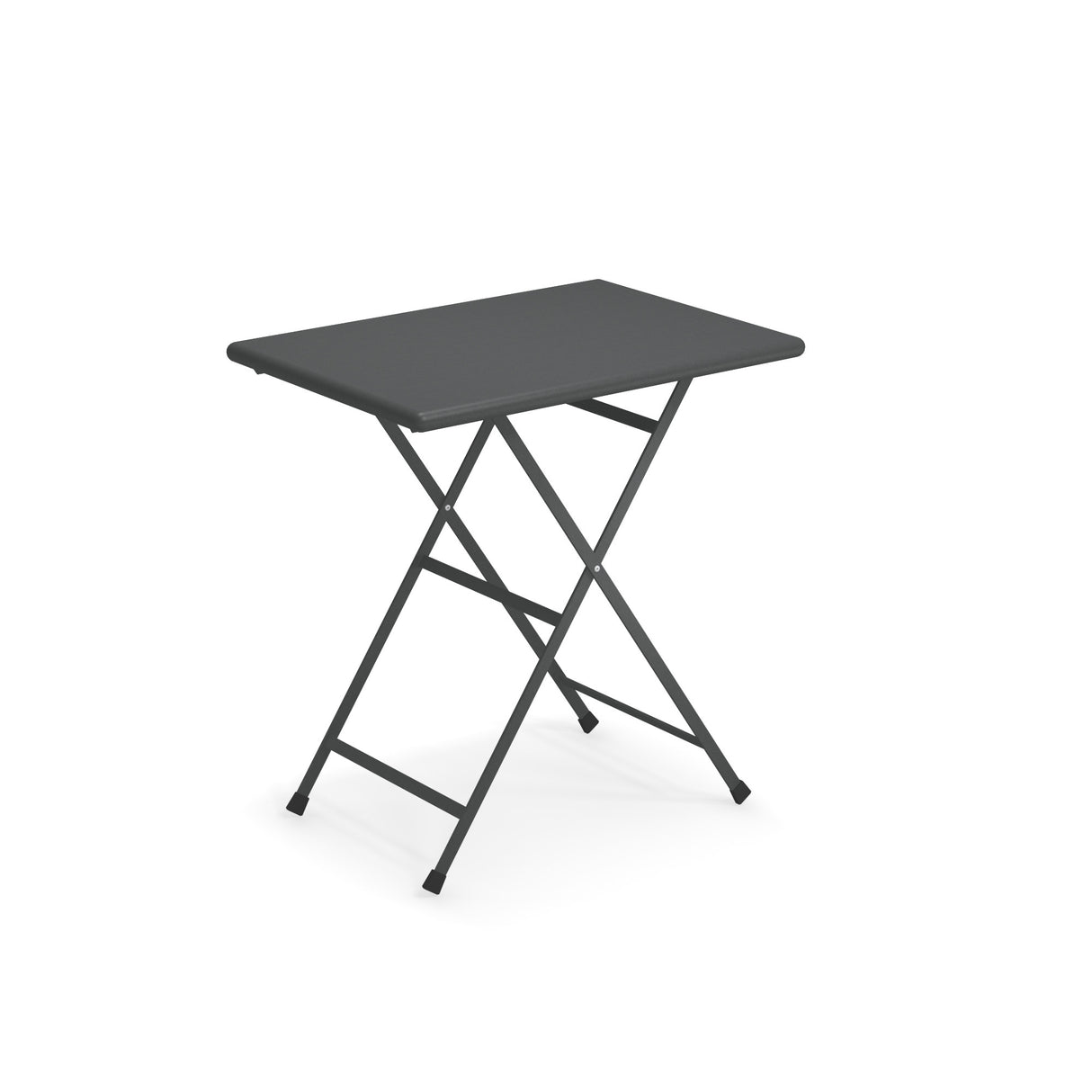 A small, rectangular, black Arc En Ciel Folding Table with thin e-coated steel legs in an X-shape, allowing for easy folding and portability. The flat top and plain white background highlight this versatile outdoor folding table.