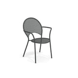The Sole Stacking Armchair is a black steel mesh chair with a perforated, rounded backrest and seat. Its slender legs and curved armrests create a modern, airy look—ideal as an outdoor/indoor chair. Mesh-like patterns let light and air flow through.