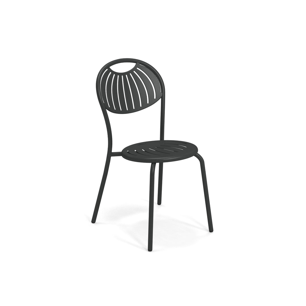 A modern black steel chair with a circular seat and a rounded backrest featuring vertical cutout slits. This stacking side chair has four slender, slightly angled legs, offering a minimalistic and contemporary look for outdoor or indoor spaces.