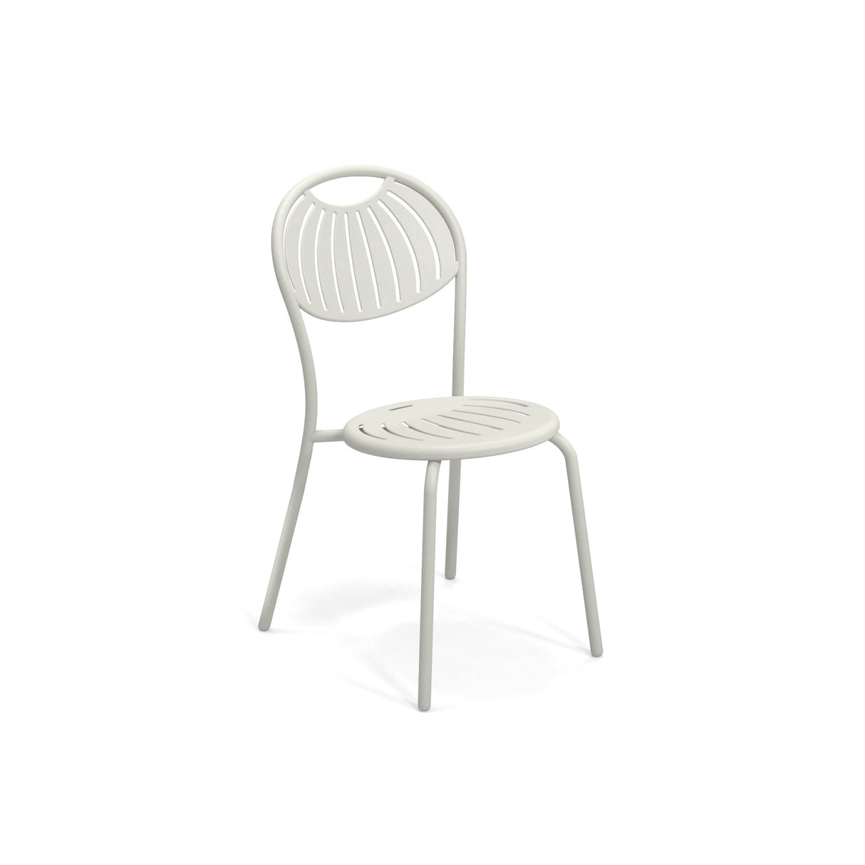 A modern white stacking side chair with a round seat and curved backrest, both featuring evenly spaced, radiating slits. Its four angled legs and minimalist design create a lightweight, contemporary look. The background is plain white.