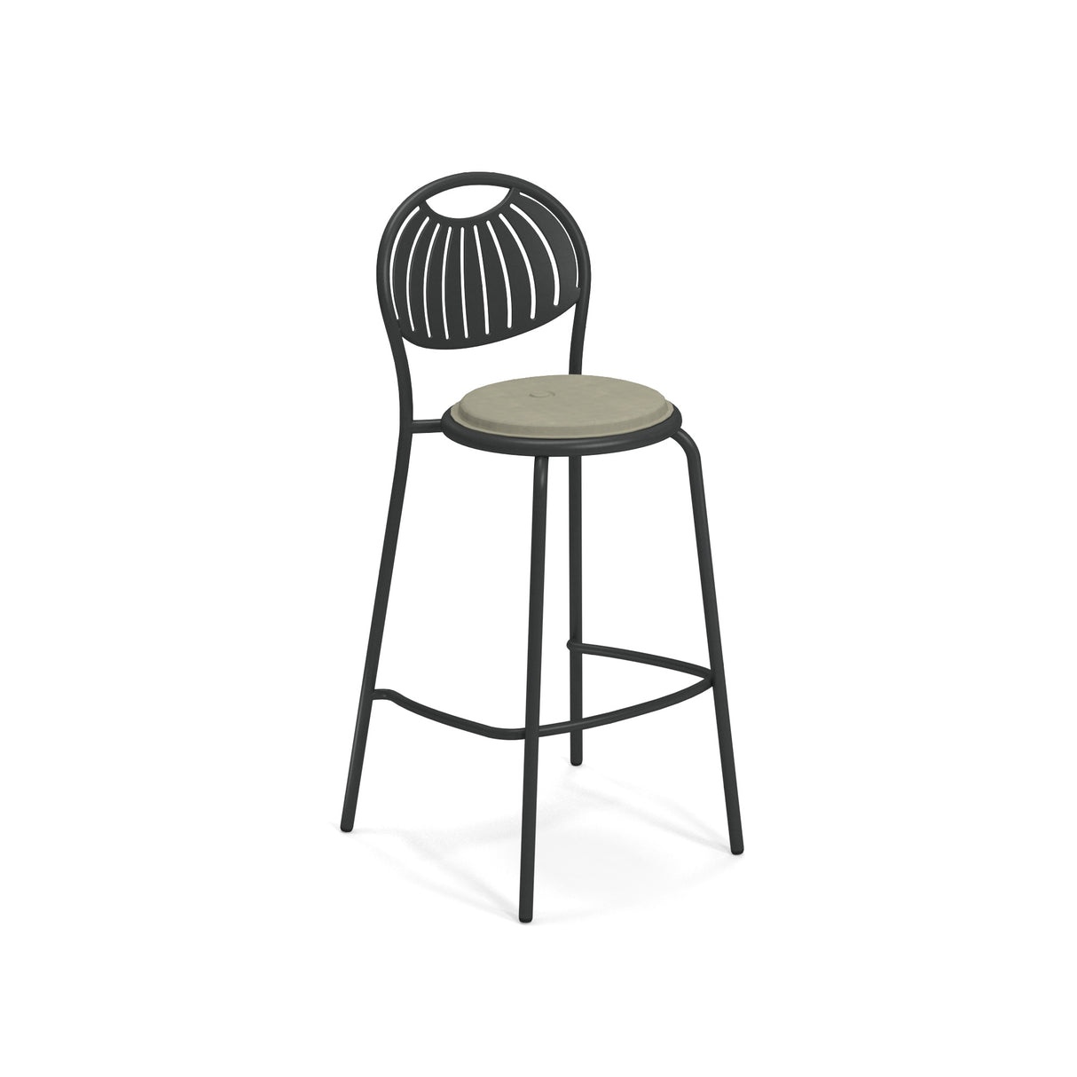 A tall steel barstool with a black metal frame, curved legs, and a light grey circular seat. The backrest features a fan-like pattern, and a footrest connects the front legs. Perfect as an indoor outdoor barstool, it stands against a white background.