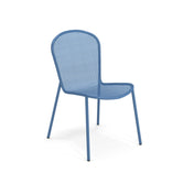 A blue steel mesh chair with a rounded backrest and seat, both featuring a fine mesh pattern. The Ronda 2.0 Side Chair has four slender, slightly tapered legs and a minimalist, modern design. The background is plain white.
