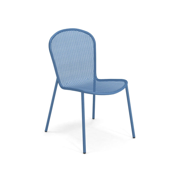 A blue steel mesh chair with a rounded backrest and seat, both featuring a fine mesh pattern. The Ronda 2.0 Side Chair has four slender, slightly tapered legs and a minimalist, modern design. The background is plain white.