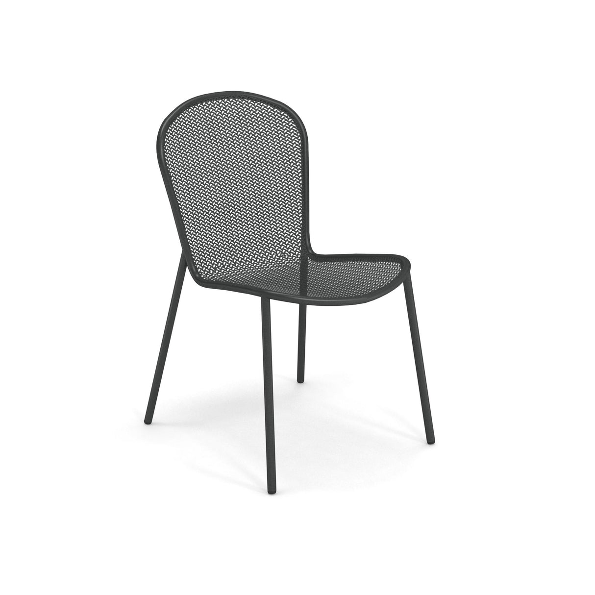 A modern black steel mesh chair with a mesh seat and backrest. Its four slender legs and powder coat finish create a minimalistic, lightweight outdoor side chair, suitable for indoor or outdoor settings, placed on a white background.