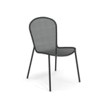 A modern black steel mesh chair with a mesh seat and backrest. Its four slender legs and powder coat finish create a minimalistic, lightweight outdoor side chair, suitable for indoor or outdoor settings, placed on a white background.
