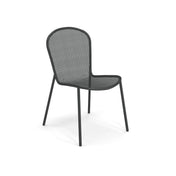 A modern black steel mesh chair with a mesh seat and backrest. Its four slender legs and powder coat finish create a minimalistic, lightweight outdoor side chair, suitable for indoor or outdoor settings, placed on a white background.