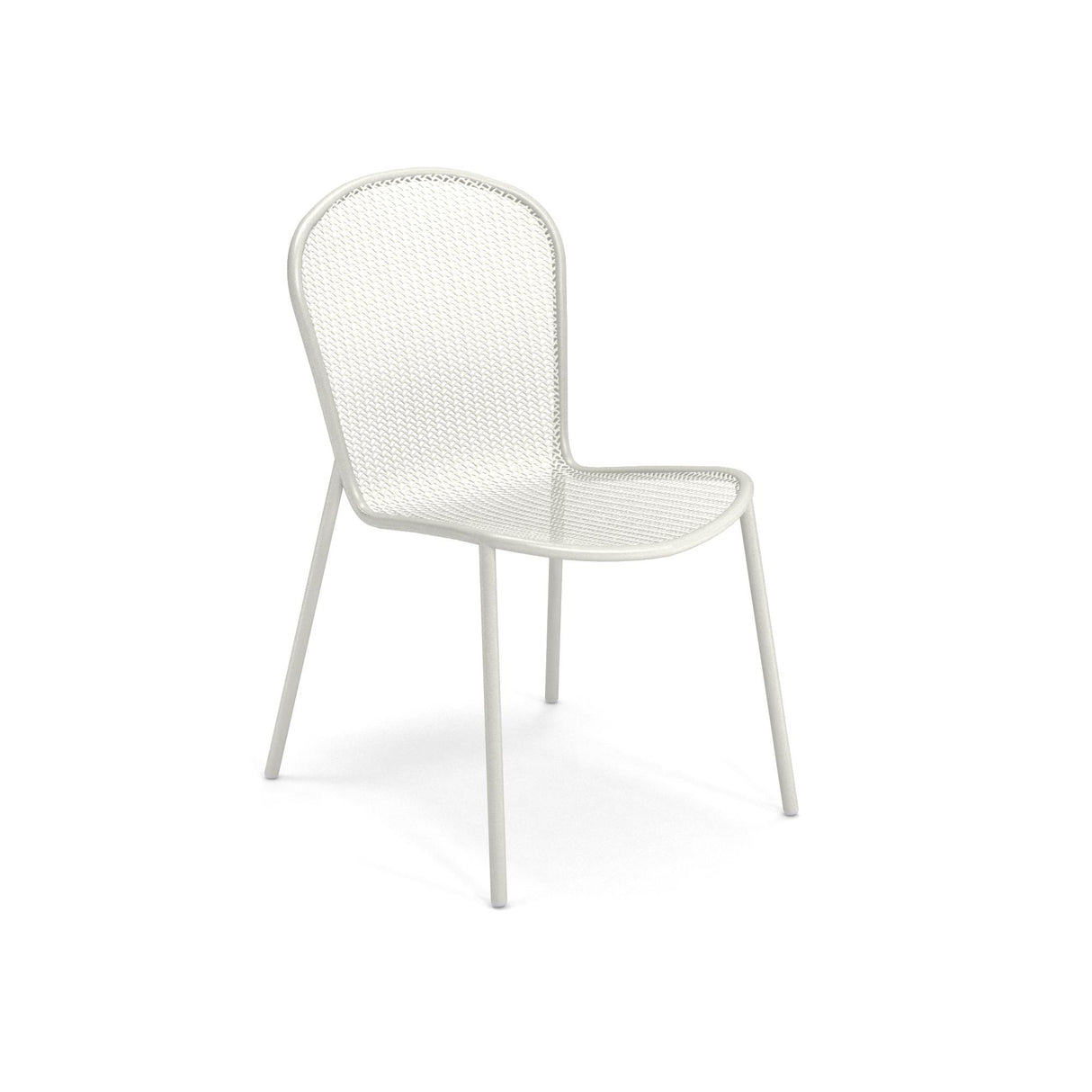 A minimalist white steel mesh chair with a rounded backrest and perforated metal seat. The Ronda 2.0 Side Chair stands on four slender legs, shown on a plain white background and angled slightly to the right. Suitable as an indoor outdoor chair.