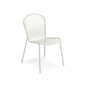 A minimalist white steel mesh chair with a rounded backrest and perforated metal seat. The Ronda 2.0 Side Chair stands on four slender legs, shown on a plain white background and angled slightly to the right. Suitable as an indoor outdoor chair.