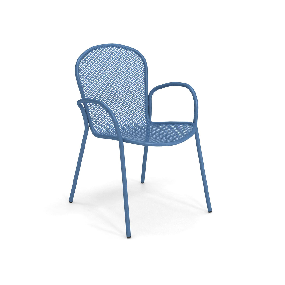 A blue steel mesh chair with a rounded back, mesh seat and backrest, and curved armrests. The Ronda 2.0 Armchair features four slender legs and a modern design, perfect as an indoor outdoor armchair. Shown on a plain white background.