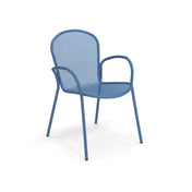 A blue steel mesh chair with a rounded back, mesh seat and backrest, and curved armrests. The Ronda 2.0 Armchair features four slender legs and a modern design, perfect as an indoor outdoor armchair. Shown on a plain white background.