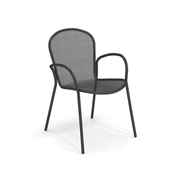 The Ronda 2.0 Armchair is a black steel mesh chair with a rounded mesh backrest and seat, curved armrests, and slender, angled legs. Its minimalist, modern design suits both outdoor and indoor chair settings. Set against a white background.