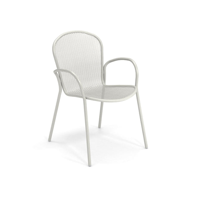 A white Ronda 2.0 Armchair with a perforated mesh seat and backrest, rounded armrests, and four slender legs. The simple and modern steel mesh armchair suits both indoor and outdoor use, set against a plain white background.