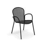 The Ronda 2.0 Armchair is a black metal chair with a curved backrest, rounded armrests, and four straight legs. Its perforated steel mesh seat and back make it ideal for both outdoor/indoor use, with a lightweight, airy look on a plain white background.