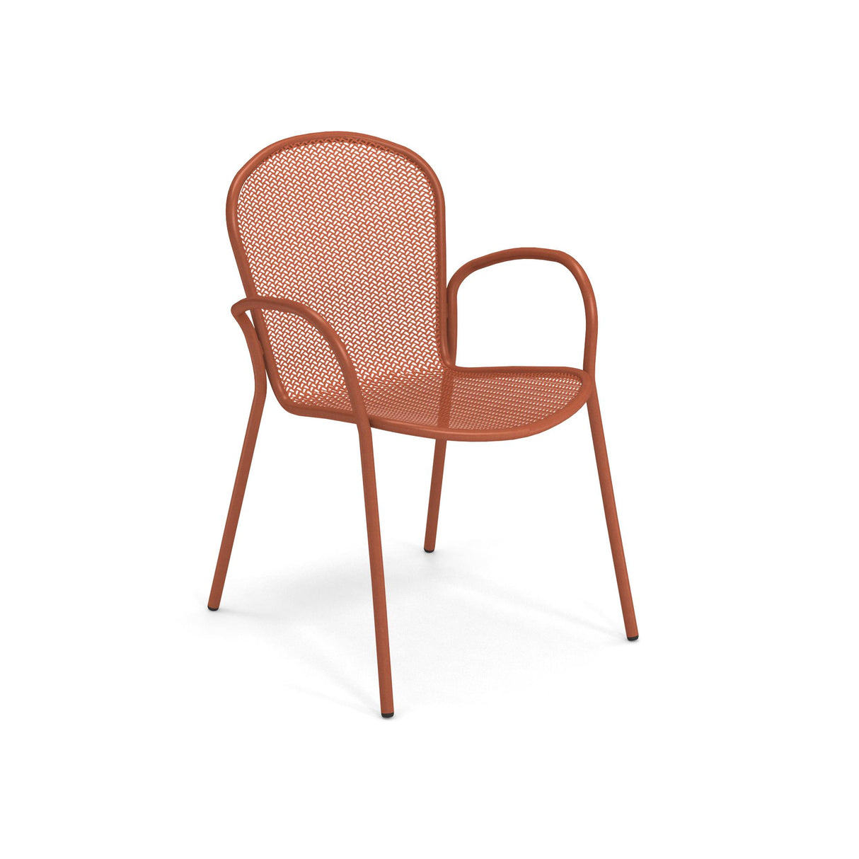 A rust-colored steel mesh armchair with a curved backrest, rounded armrests, and four slender legs. Its perforated seat and back create a lightweight, airy look. The Ronda 2.0 Armchair offers a simple, modern style for outdoor/indoor use.