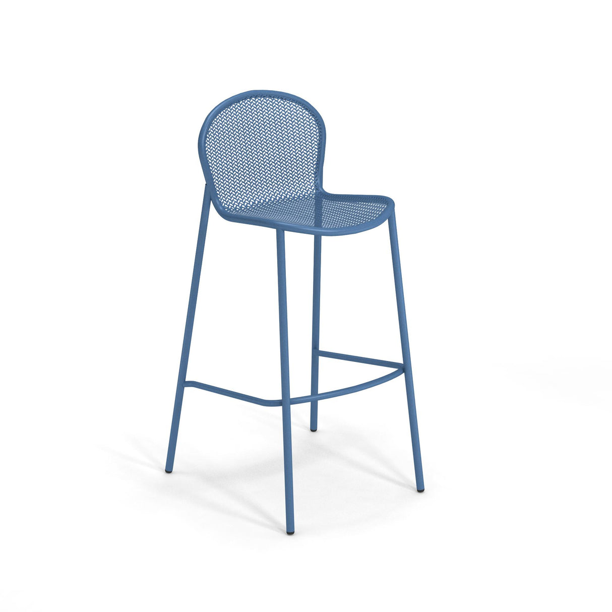 A modern blue steel mesh barstool with a rounded, perforated backrest and seat, four slim legs, and a footrest. The minimalist design is airy and features a slightly curved seat for comfort, making it ideal as an indoor outdoor barstool.