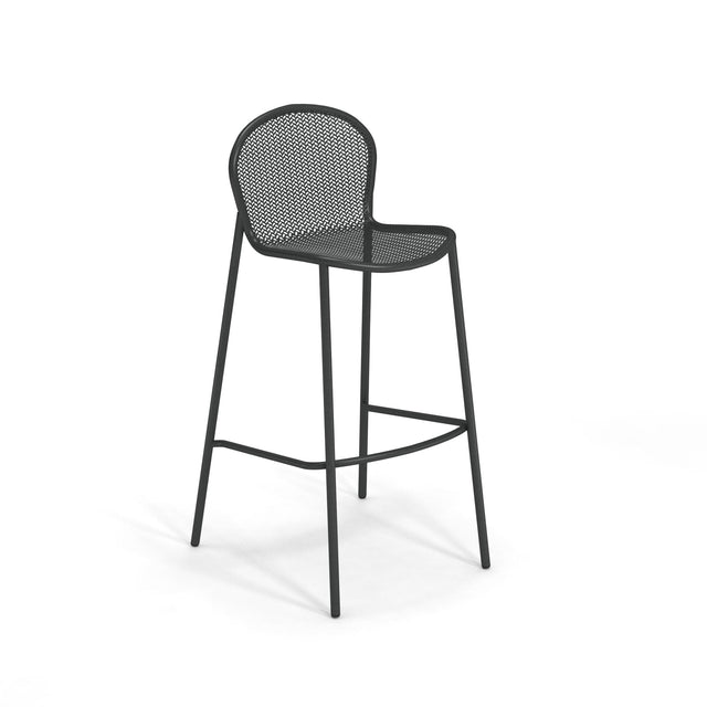 A modern black steel mesh barstool with a curved, perforated metal backrest and seat. This stacking barstool features four slender legs, a footrest, and a minimalist, airy design, perfect for both indoor and outdoor settings.