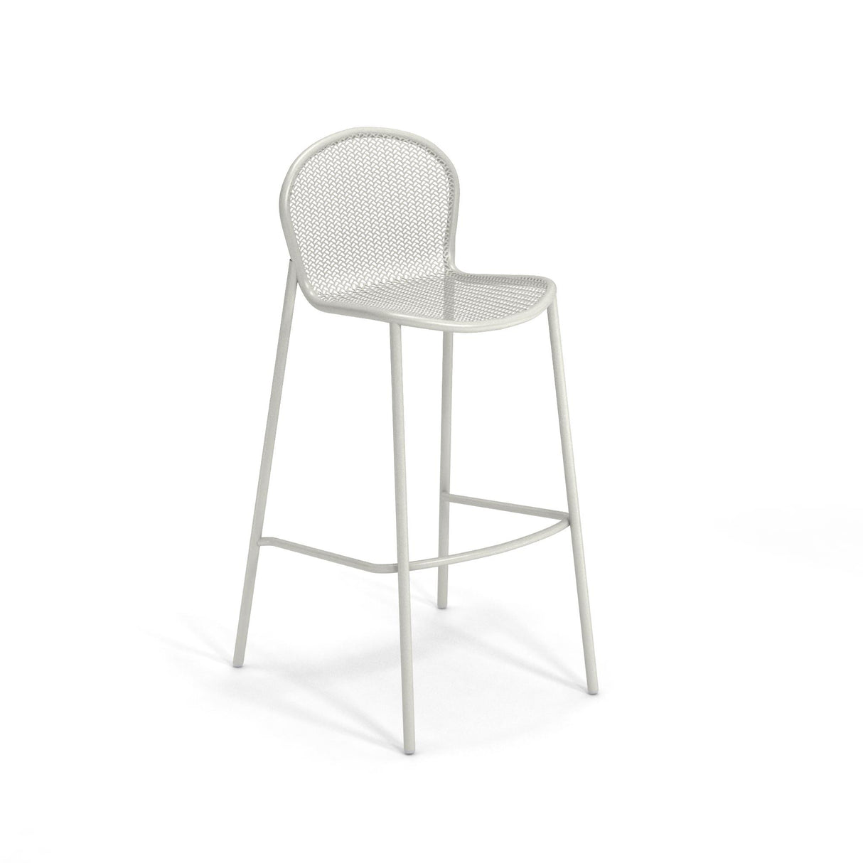 A minimalist, white steel mesh barstool with a rounded backrest, four slender legs, and a front footrest. Its simple, modern design features a slightly curved seat and clean lines, perfect as an indoor outdoor barstool against any backdrop.