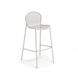 A minimalist, white steel mesh barstool with a rounded backrest, four slender legs, and a front footrest. Its simple, modern design features a slightly curved seat and clean lines, perfect as an indoor outdoor barstool against any backdrop.