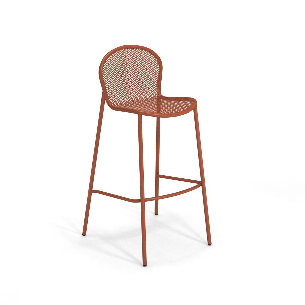 A modern stacking barstool with a rust-colored metal frame, featuring a rounded perforated backrest and seat. This minimalist, industrial steel mesh barstool has four slim legs with a footrest and is set against a white background.