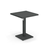 A modern, square, dark gray Lock Table with a minimalist design, crafted from e-coated steel for outdoor/indoor use. It features clean lines, a single central support column, and a small round hole near the top of the column.