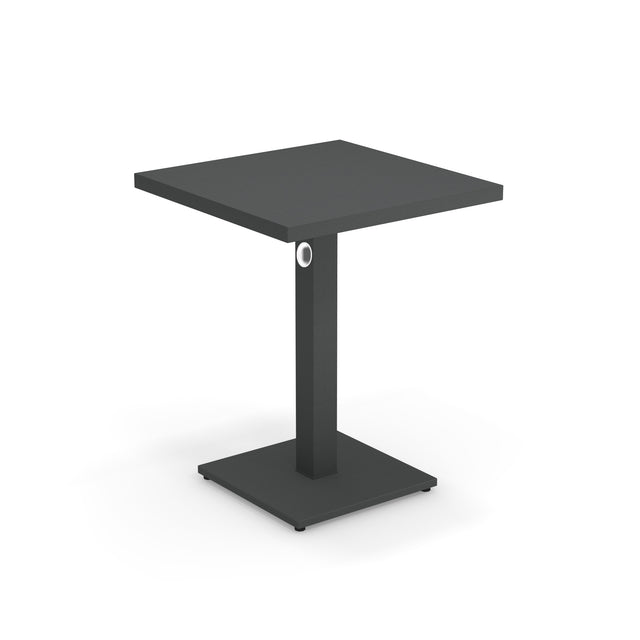A modern, square, dark gray Lock Table with a minimalist design, crafted from e-coated steel for outdoor/indoor use. It features clean lines, a single central support column, and a small round hole near the top of the column.