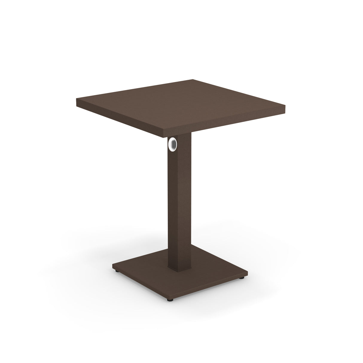 A modern square brown Lock Table with a flat top and a single central pedestal base, both featuring clean, sharp edges. Crafted from e-coated steel, it's perfect for outdoor/indoor use. The background is plain white.