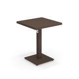 A modern square brown Lock Table with a flat top and a single central pedestal base, both featuring clean, sharp edges. Crafted from e-coated steel, it's perfect for outdoor/indoor use. The background is plain white.