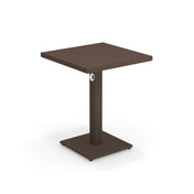 A modern square brown Lock Table with a flat top and a single central pedestal base, both featuring clean, sharp edges. Crafted from e-coated steel, it's perfect for outdoor/indoor use. The background is plain white.