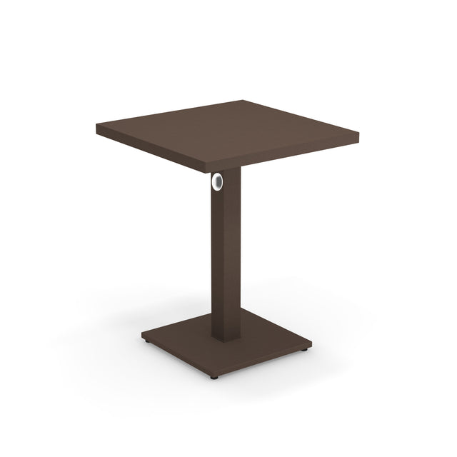 A modern square brown Lock Table with a flat top and a single central pedestal base, both featuring clean, sharp edges. Crafted from e-coated steel, it's perfect for outdoor/indoor use. The background is plain white.