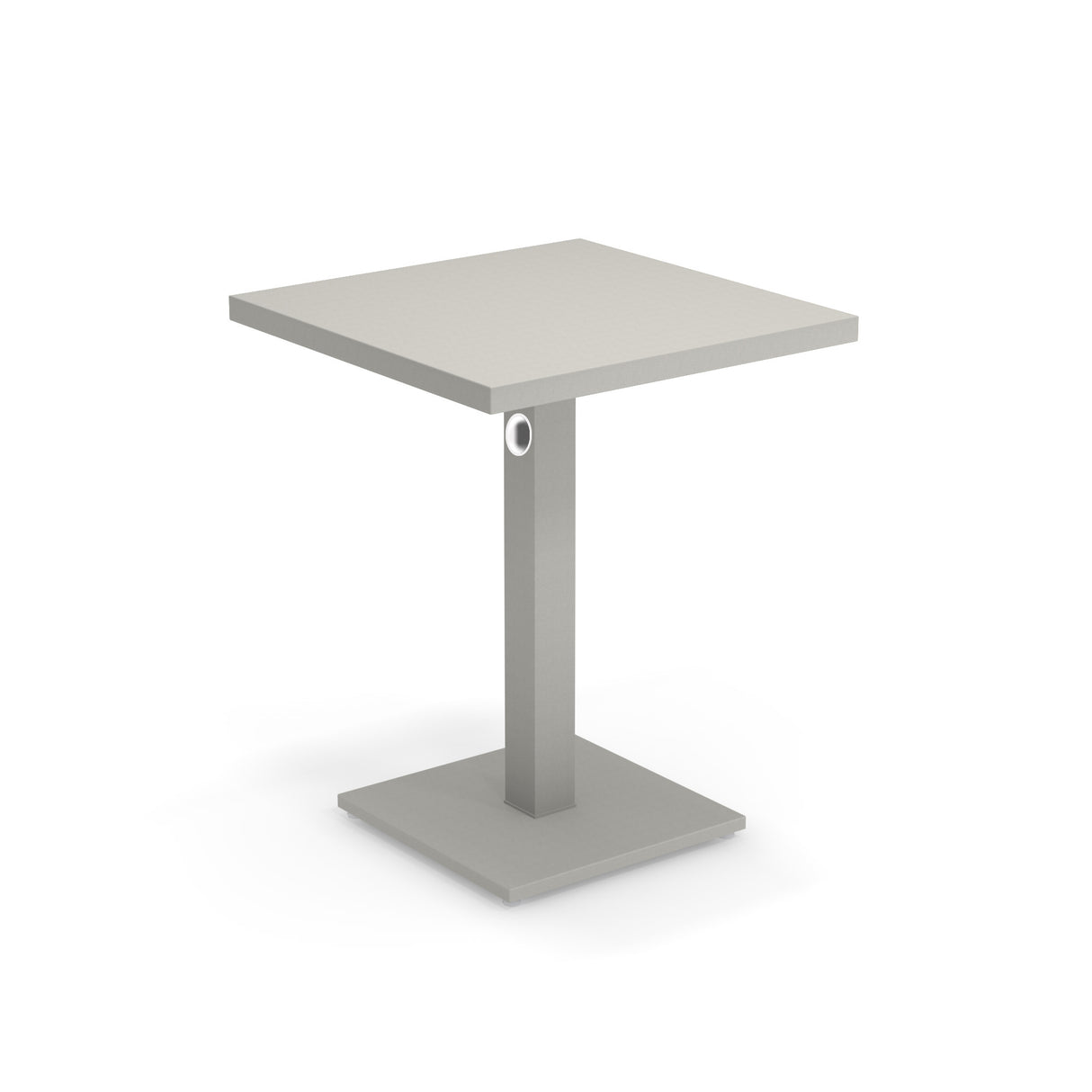 A modern square Lock Table with a light gray, flat tabletop. Crafted from e-coated steel, it features a central rectangular pedestal with a circular accent, and a flat square base. The minimalist design suits both outdoor/indoor spaces. Background is plain white.