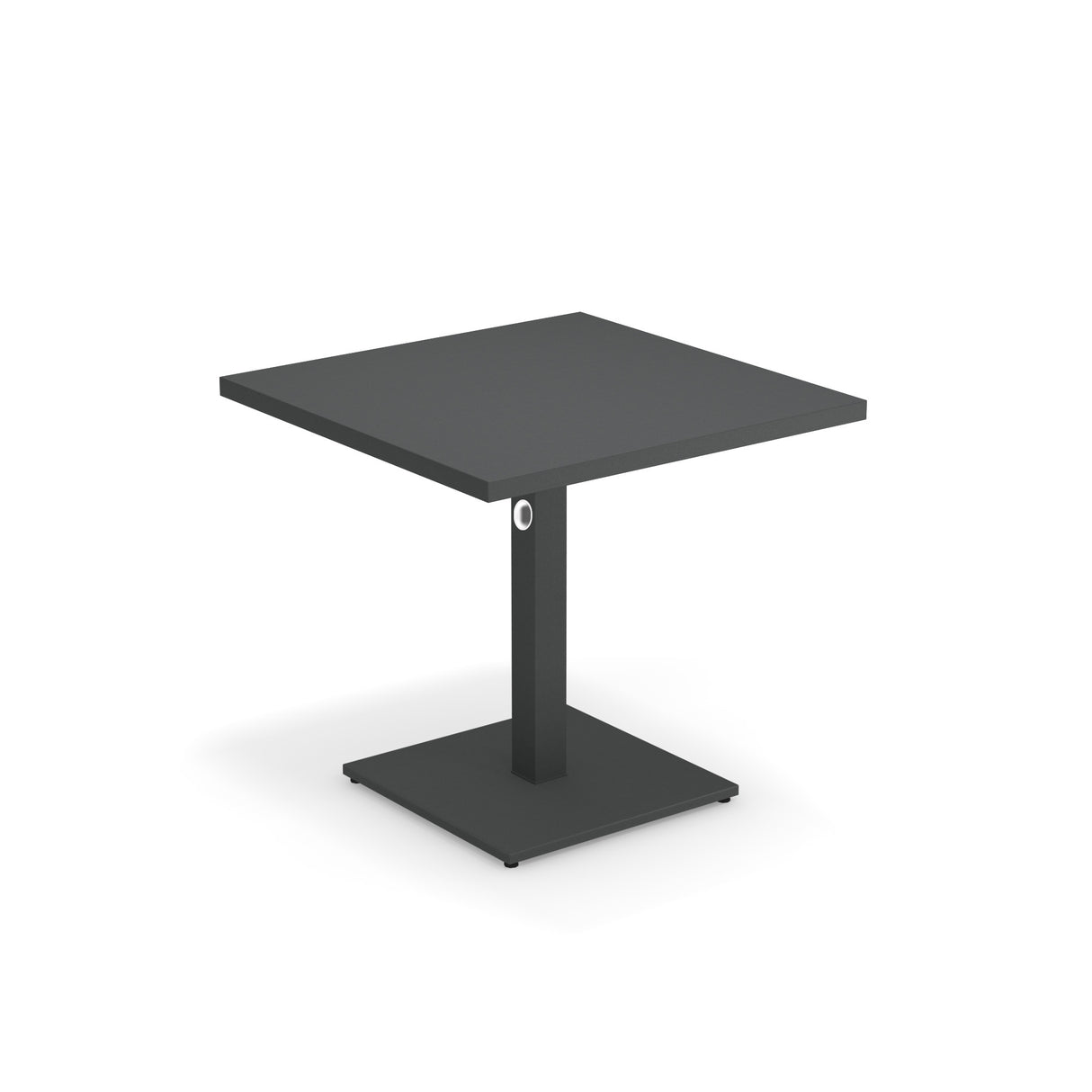 A modern, square, black Lock Table with a single central pedestal base and square metal support. The minimalistic design features clean lines, an e-coated powder coat finish, and is perfect for outdoor indoor settings against a plain white background.