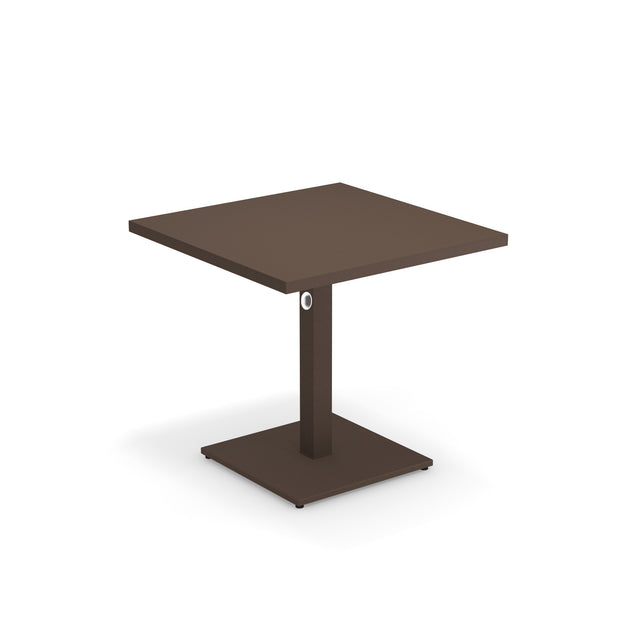 A modern square brown Lock Table with a flat top, supported by a single central pedestal and square base. Featuring an e-coated powder coat finish, its minimalist design has clean lines and a small circular detail on the central support. Plain white background.
