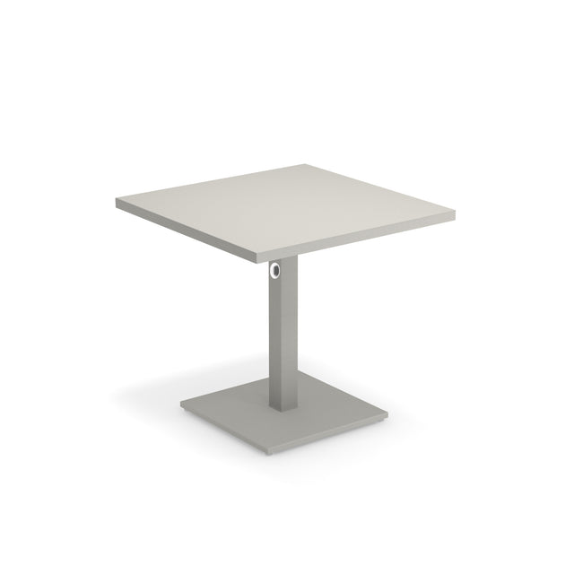 A modern, minimalist Lock Table with a light-colored tabletop. Suitable for outdoor/indoor use, it features a single central support column and a flat rectangular base, both in matching gray with an e-coated powder coat finish for durability.