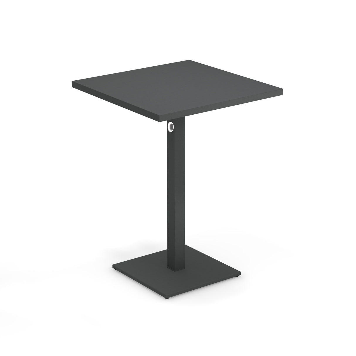A modern, minimalist black square Lock Table with a flat top, single central support, and a square base. Featuring an e-coated powder coat finish, this outdoor indoor table includes a subtle circular detail near the top of the support.